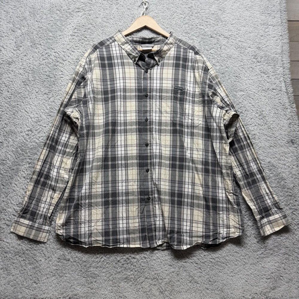 Columbia Mens 4X Button Up Long Sleeve Gray Beige Plaid Shirt Chest Pocket